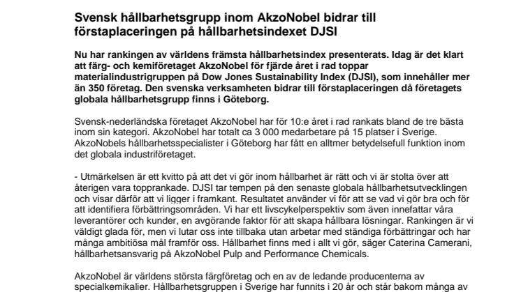 Svensk hållbarhetsgrupp inom AkzoNobel bidrar till förstaplaceringen på hållbarhetsindexet DJSI