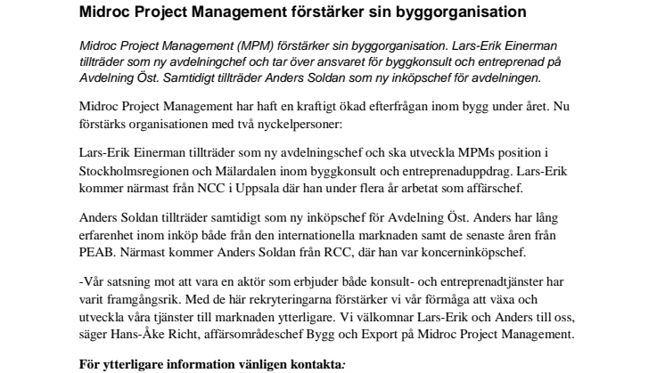 Midroc Project Management förstärker sin byggorganisation