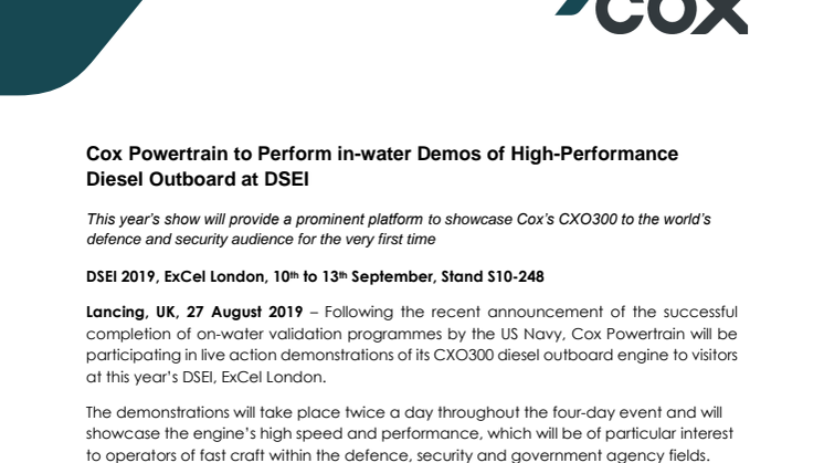 Cox Powertrain to Perform in-water Demos of High-Performance Diesel Outboard at DSEI