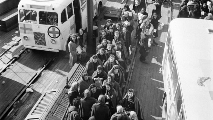 Före detta koncentrationslägerfångar, nyss anlända till Sverige med de Vita bussarna. Foto: KW Gullers, Nordiska museets arkiv.