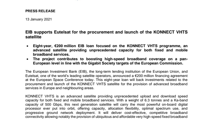 ​EIB supports Eutelsat for the procurement and launch of the KONNECT VHTS satellite