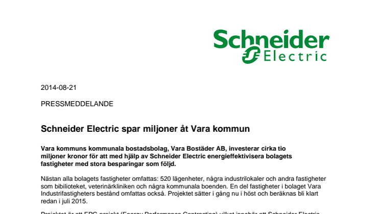 Schneider Electric spar miljoner åt Vara kommun