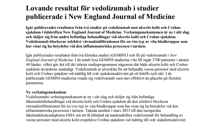 Lovande resultat för vedolizumab i studier publicerade i New England Journal of Medicine 