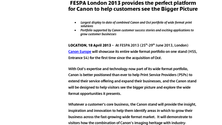 Canon deltar på FESPA London 2013 og bistår kundene med å se det store bildet