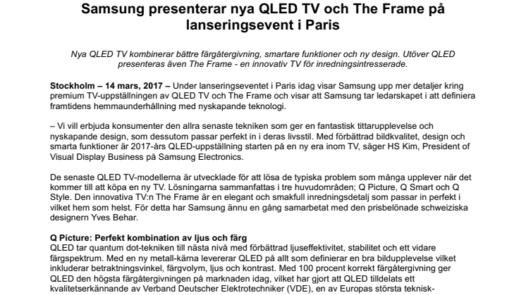 Samsung presenterar nya QLED TV och The Frame på lanseringsevent i Paris