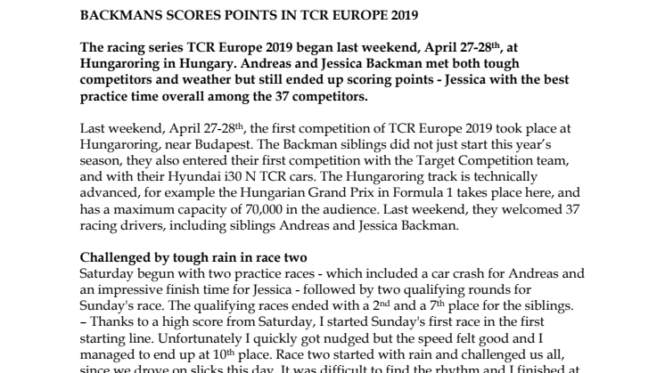 Backmans scores points in TCR Europe 2019
