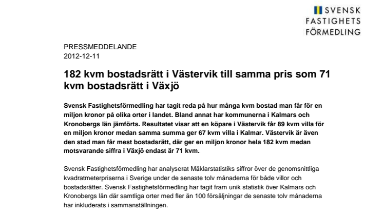 Pressmeddelande: 182 kvm bostadsrätt i Västervik till samma pris som 71 kvm bostadsrätt i Växjö