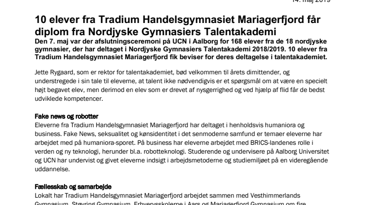 10 elever fra Tradium Handelsgymnasiet Mariagerfjord får diplom fra Nordjyske Gymnasiers Talentakademi