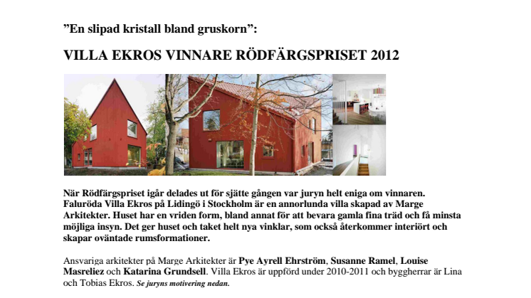 Villa Ekros vinnare Rödfärgspriset 2012