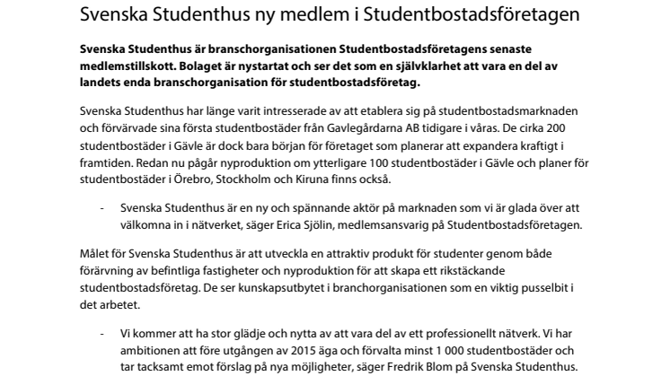 Svenska Studenthus ny medlem i Studentbostadsföretagen