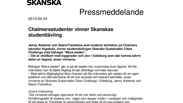 Chalmersstudenter vinner Skanskas studenttävling i Göteborg