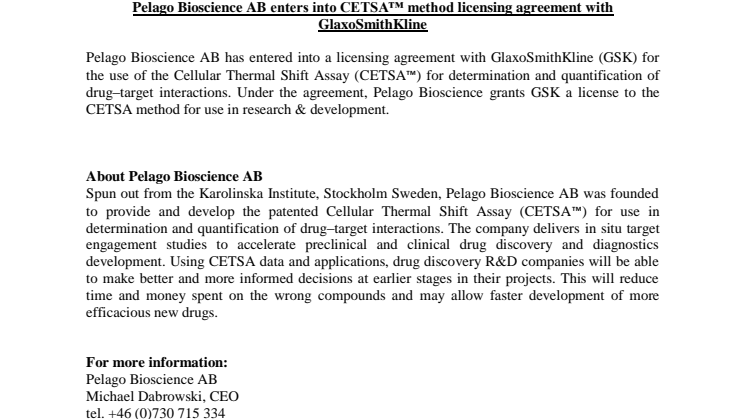 Pelago Bioscience AB enters into CETSA™ method licensing agreement with GlaxoSmithKline