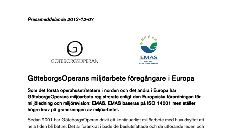 GöteborgsOperans miljöarbete föregångare i Europa