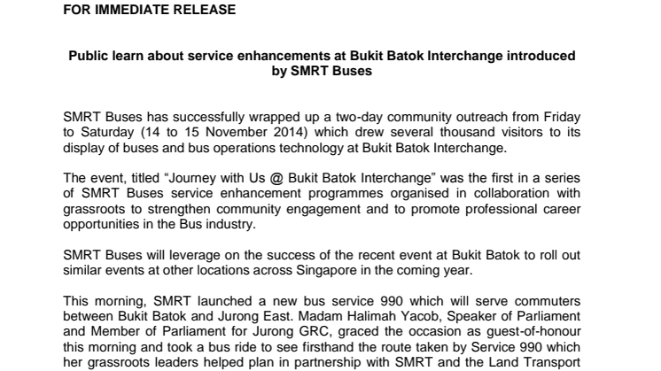 Public learn about service enhancements at Bukit Batok Interchange introduced by SMRT Buses