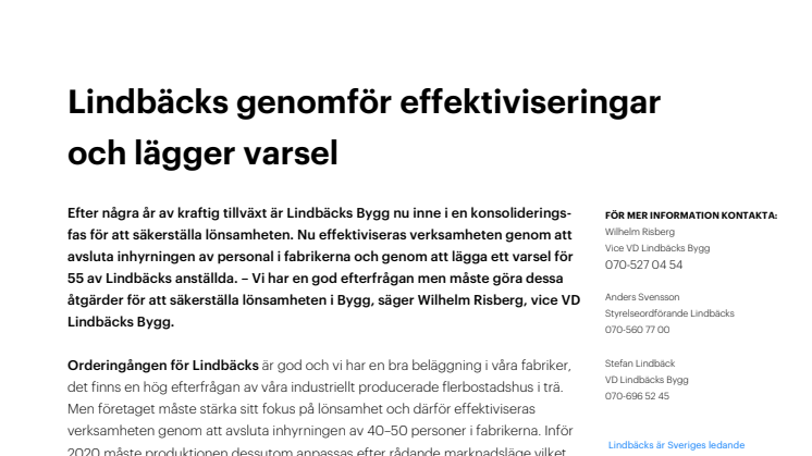 Lindbäcks genomför effektiviseringar och lägger varsel