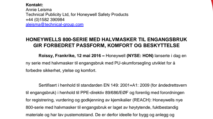 Honeywells 800-serie med halvmasker til engangsbruk gir forbedret passform, komfort og beskyttelse 