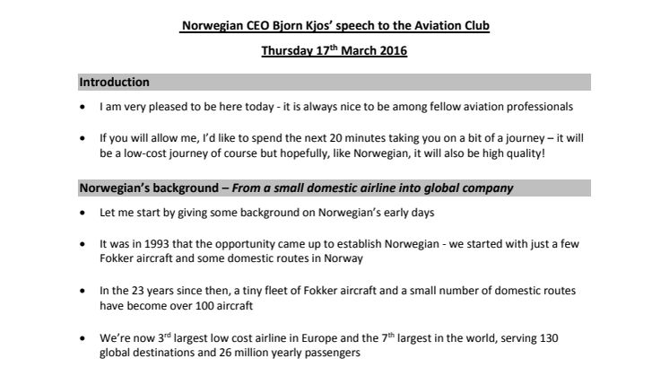 Bjorn Kjos Aviation Club speech