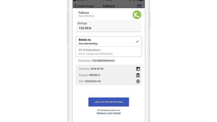 I appen kan användare nu välja mellan att "Betala nu" eller på "På förfallodagen" när de lägger in fakturor för betalning.