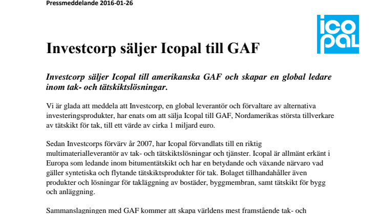 Investcorp säljer Icopal till GAF