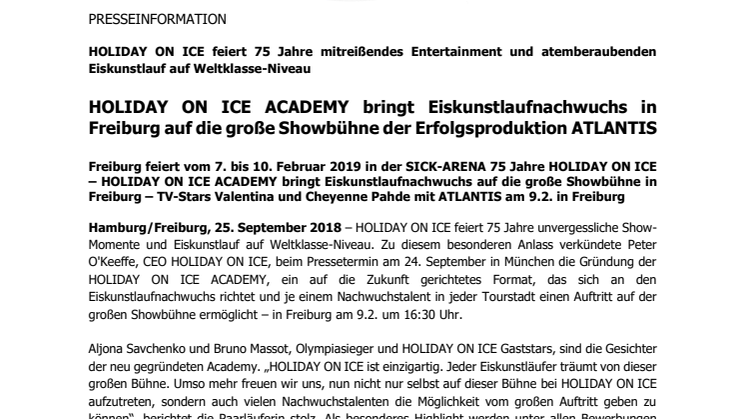 HOLIDAY ON ICE ACADEMY bringt Eiskunstlaufnachwuchs in Freiburg auf die große Showbühne der Erfolgsproduktion ATLANTIS