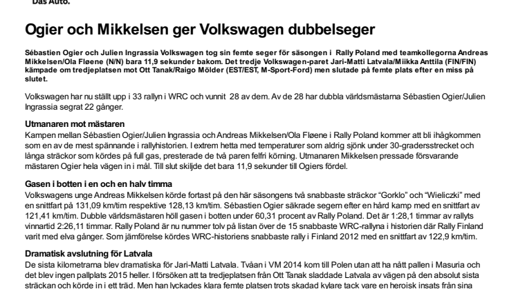 Ogier och Mikkelsen ger Volkswagen dubbelseger