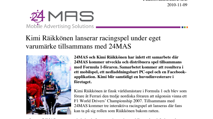Kimi Räikkönen lanserar racingspel under eget varumärke tillsammans med 24MAS