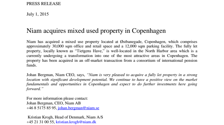 Niam acquires mixed used property in Copenhagen