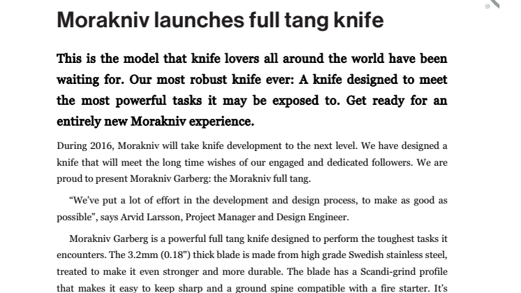 Morakniv launches Full tang knife