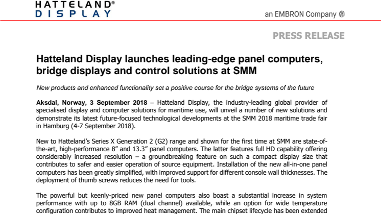 Hatteland Display - SMM 2018: Hatteland Display launches leading-edge panel computers, bridge displays and control solutions at SMM 