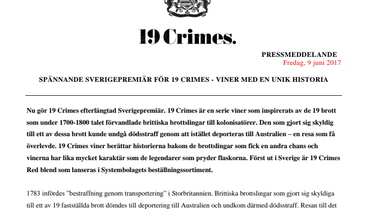 Sverigepremiär för 19 Crimes - viner med en unik historia