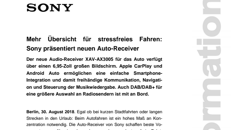 Mehr Übersicht für stressfreies Fahren:  Sony präsentiert neuen Auto-Receiver 