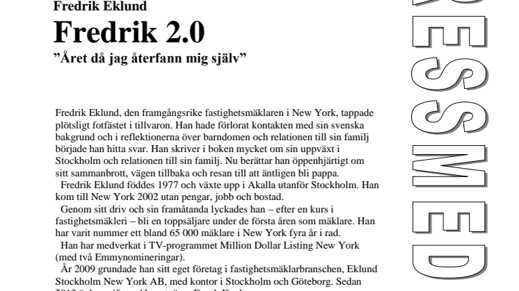 Ny bok: Fredrik 2.0 "Året då jag återfann mig själv" av Fredrik Eklund
