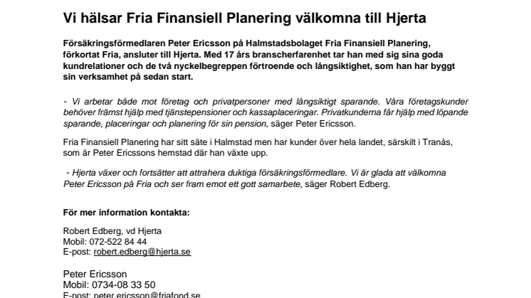 Vi hälsar Fria Finansiell Planering välkomna till Hjerta