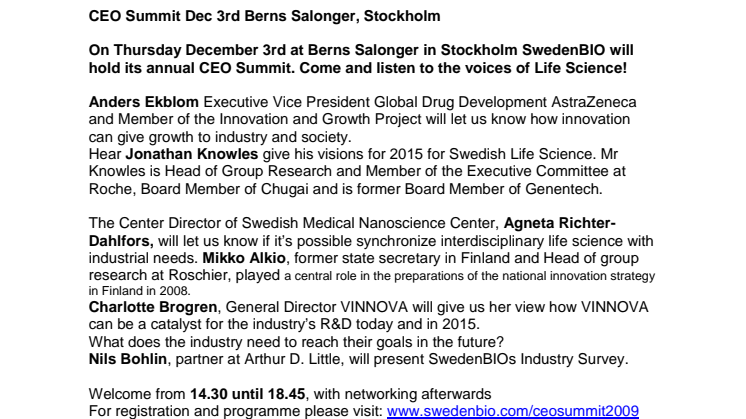 SwedenBIO CEO Summit Dec. 3rd 2009, Berns Salonger in Stockholm