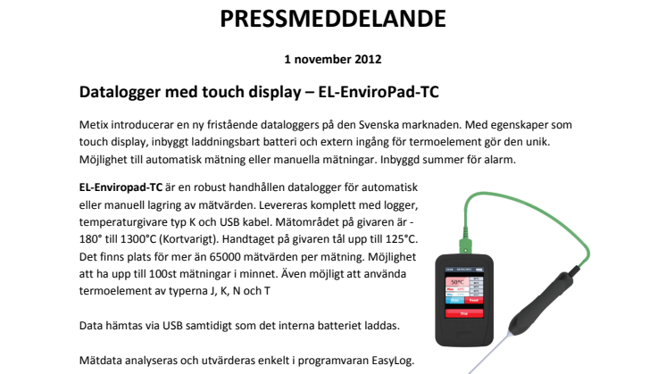 Datalogger med touch display – EL-EnviroPad-TC