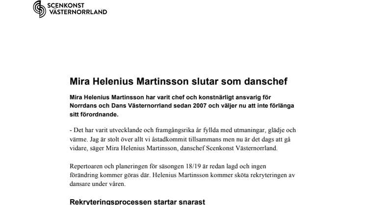 Mira Helenius Martinsson slutar som danschef 