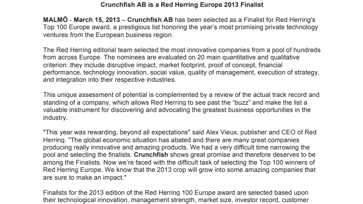 Crunchfish AB is a Red Herring Europe 2013 Finalist 