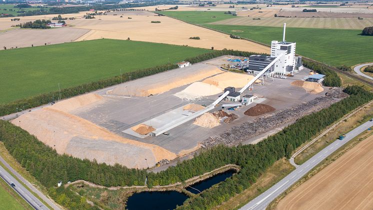 Flygbild över Örtoftaverket, Kraftringens största produktionsanläggning för el och värme.