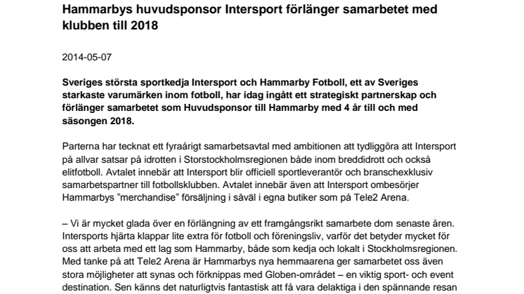 Hammarbys huvudsponsor Intersport förlänger samarbetet med klubben till 2018