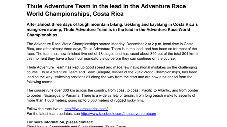 Thule Adventure Team in the lead in the Adventure Race World Championships, Costa Rica 