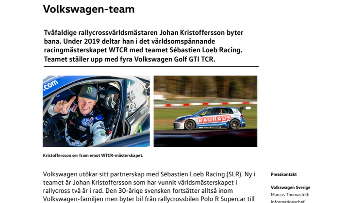 Ny utmaning för världsmästaren: Kristoffersson kör WTCR 2019 med Volkswagen-team