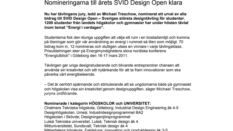 Nomineringarna till årets SVID Design Open klara