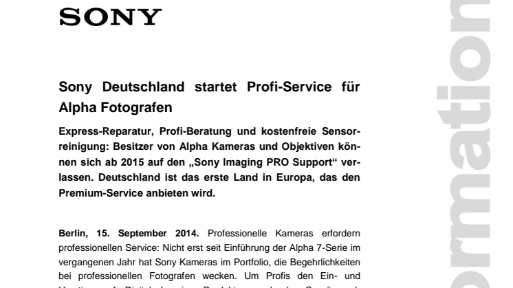 Sony Deutschland startet Profi-Service für Alpha Fotografen