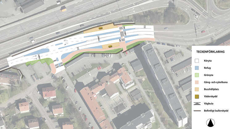 Arbetsområdet vid Finngösa hållplats i Partille med planerade åtgärder.