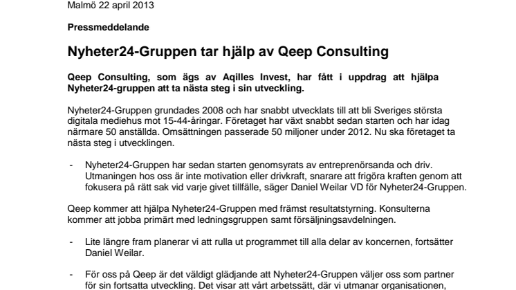 Nyheter24-Gruppen tar hjälp av Qeep Consulting