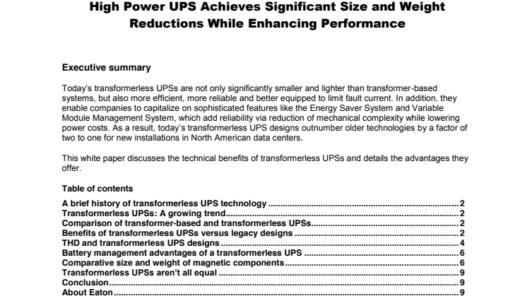 White paper: Fördelarna med transformatorlösa UPS:er