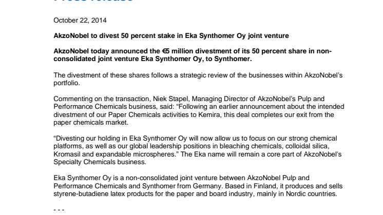AkzoNobel to divest 50 percent stake in Eka Synthomer Oy joint venture