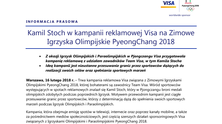 Kamil Stoch w kampanii reklamowej Visa na Zimowe Igrzyska Olimpijskie PyeongChang 2018