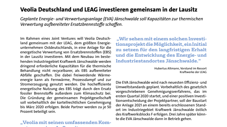 Veolia Deutschland und LEAG investieren gemeinsam in der Lausitz