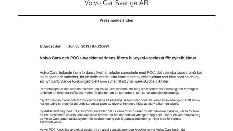 Volvo Cars och POC utvecklar världens första bil-cykel-krocktest för cykelhjälmar